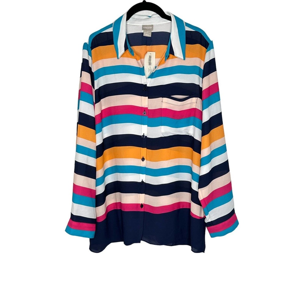 NWT Chicos Womens Striped Miri Colored Blouse 2(12/14) Button Front Semi Sheer